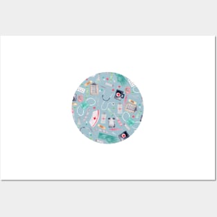 Medical Pattern | Doctor | Nurse | Watercolor | Blue Posters and Art